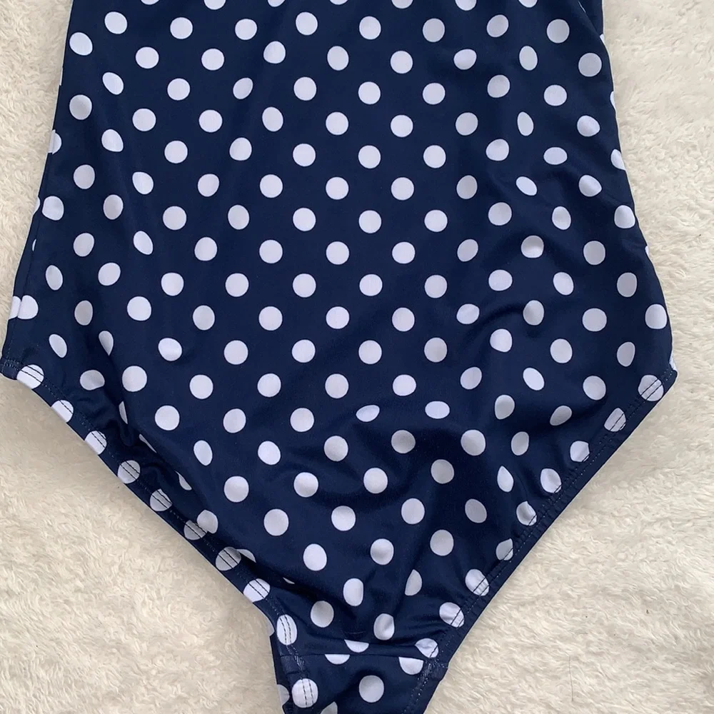 Land’s End Navy Polka Dot Rainbow Shoulder Swimsuit 10 EUC